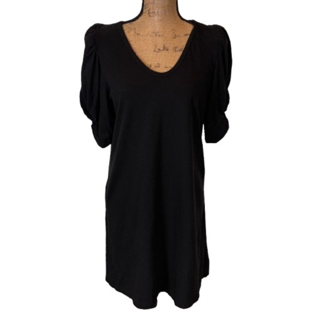 Anthropologie Amadi Twist Puff Sleeve T-Shirt Dress Black Mini‎ LBD Size Small